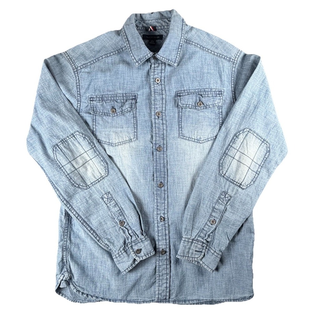 Tommy Hilfiger Denim Shirt Mens XL Light Wash Button Up Chambray Western Casual